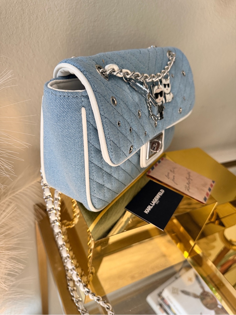 New Without Tags Karl Lagerfeld Denim Charm Bag Light Blue - Picture 10 of 12